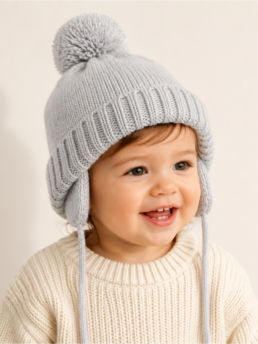 NWT H&M Baby Gray Fleece-Lined Knit Pom Earflap Hat 18M/2T